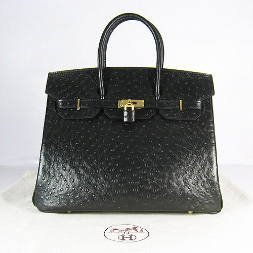 High Quality Fake Hermes Birkin 35CM Ostrich Veins Handbag Black 6089